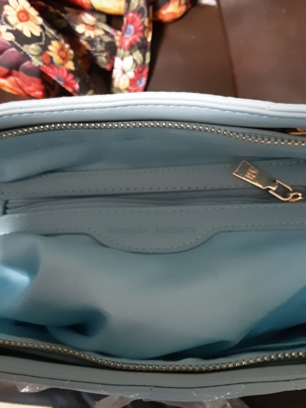 Bagley Mischka Quilted Light Blue Tote Bag with Gold Chain Handles - Picture 9 of 12